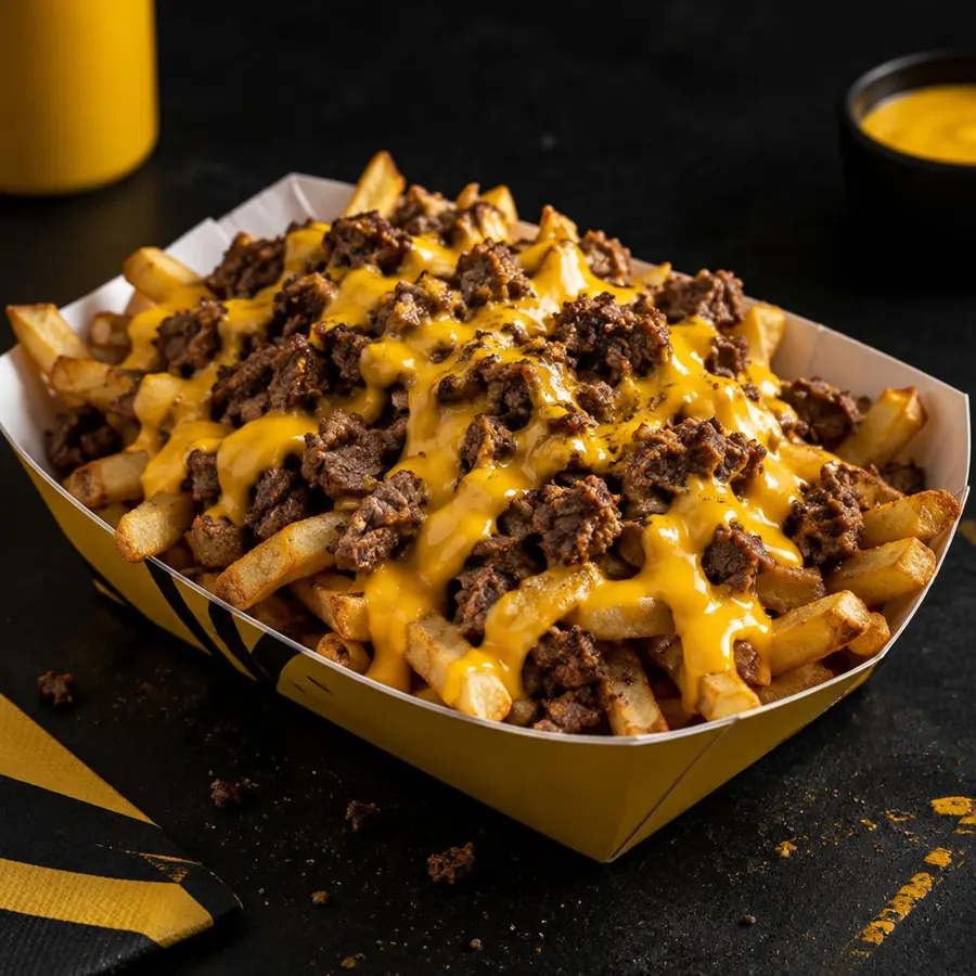Papas fritas con queso fundido y carne