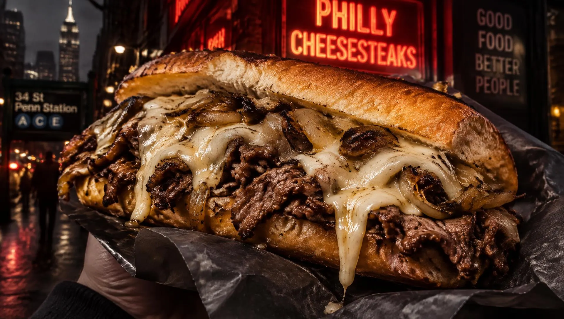 Cheesesteak de carne argentina con queso fundido