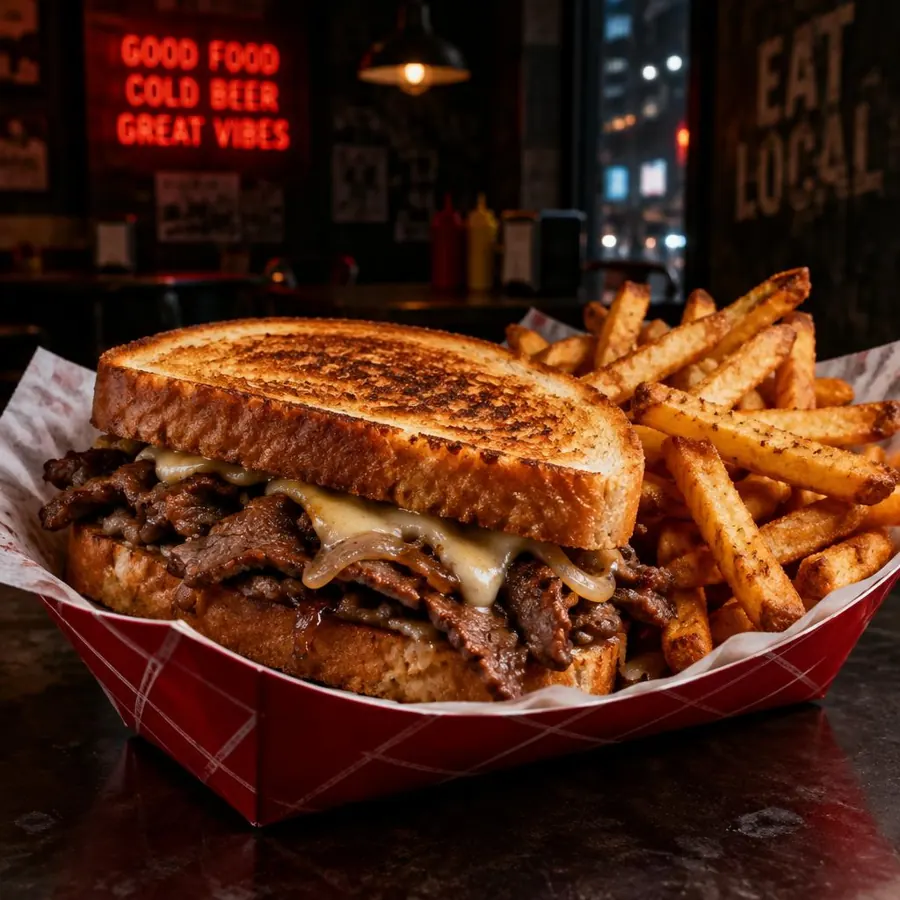Sándwich tostado de carne con queso y papas fritas